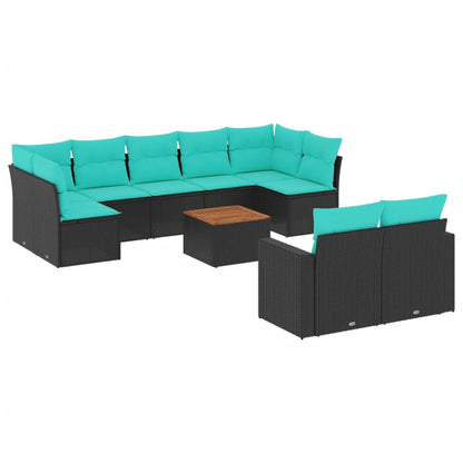 10-delige Loungeset met kussens poly rattan zwart