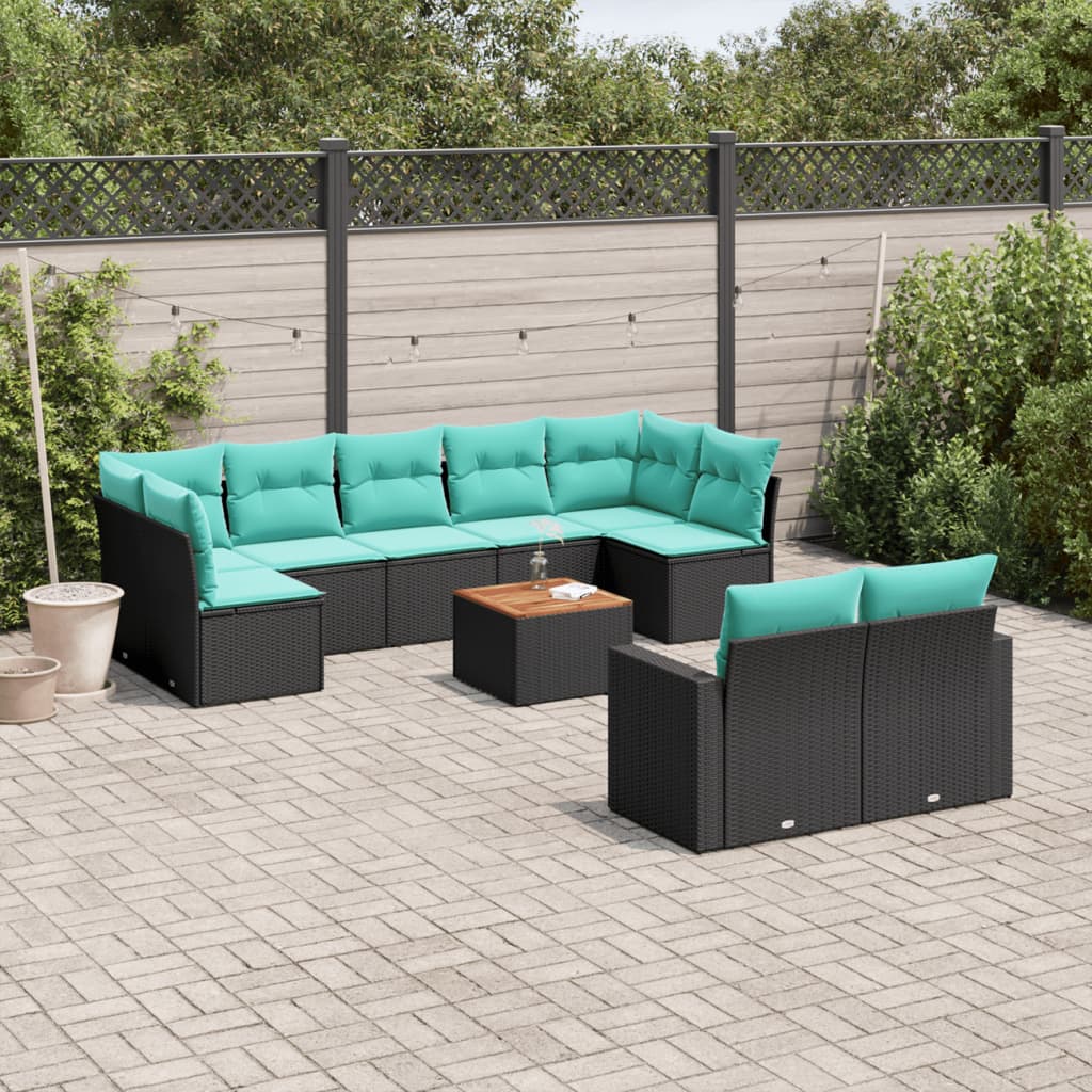 10-delige Loungeset met kussens poly rattan zwart