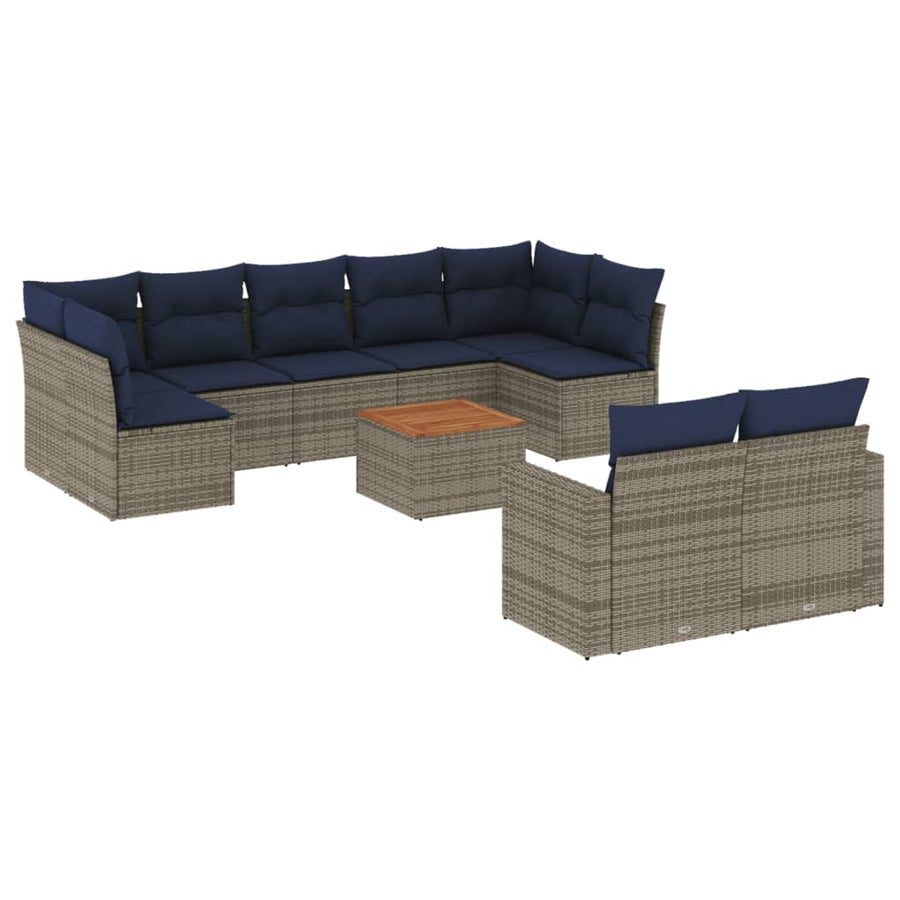 10-delige Loungeset met kussens poly rattan grijs