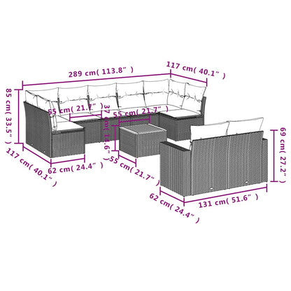 10-delige Loungeset met kussens poly rattan grijs