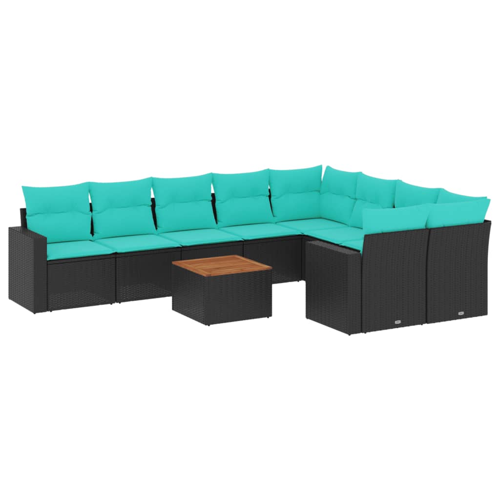 10-delige Loungeset met kussens poly rattan zwart