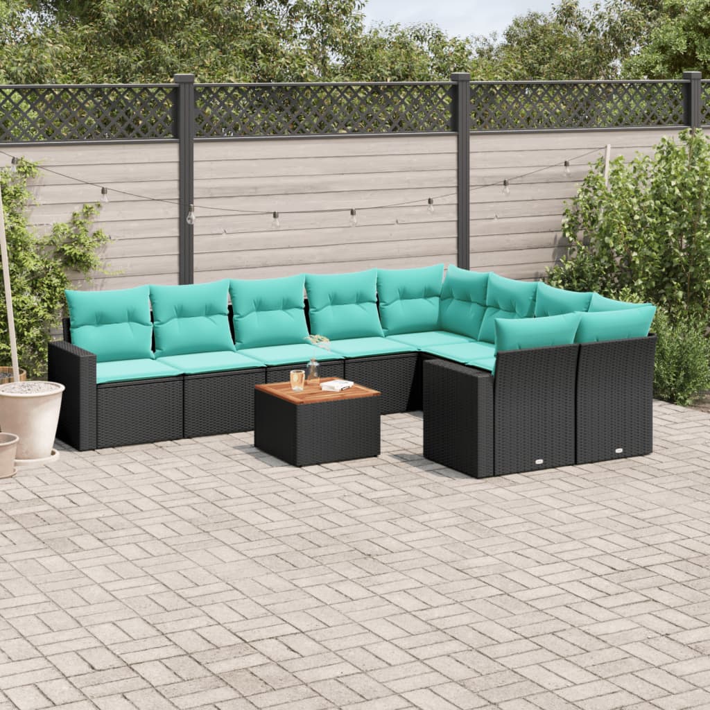 10-delige Loungeset met kussens poly rattan zwart