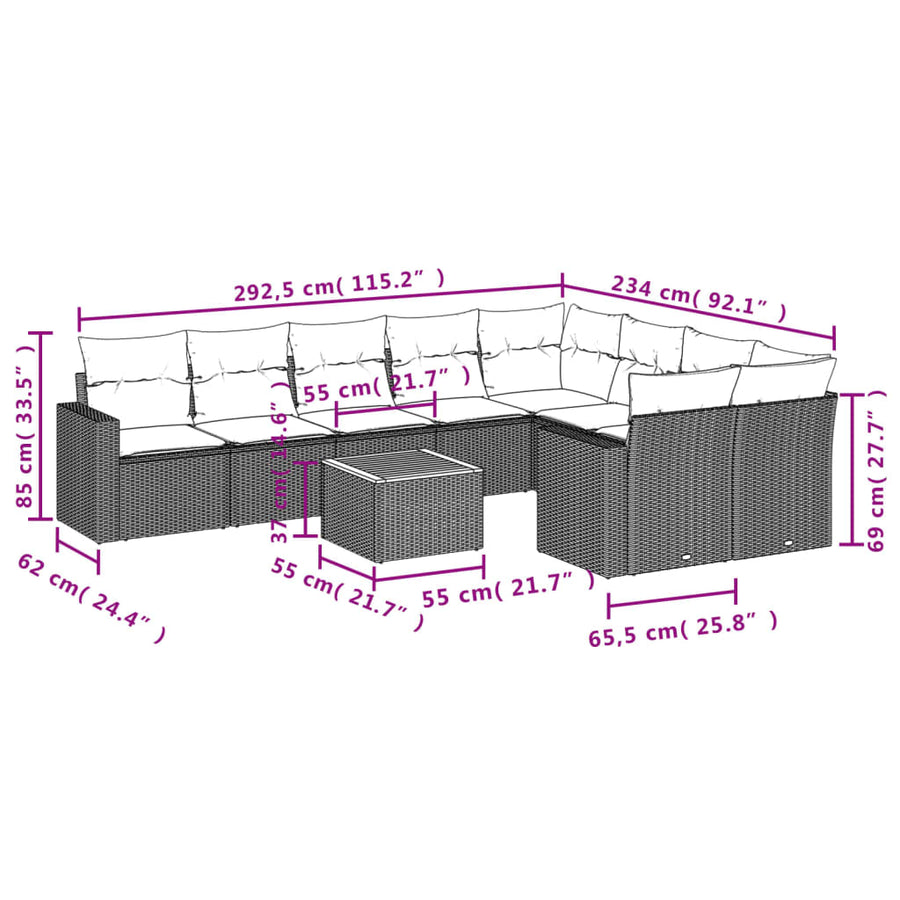 10-Delige Loungeset Met Kussens Poly Rattan Beige