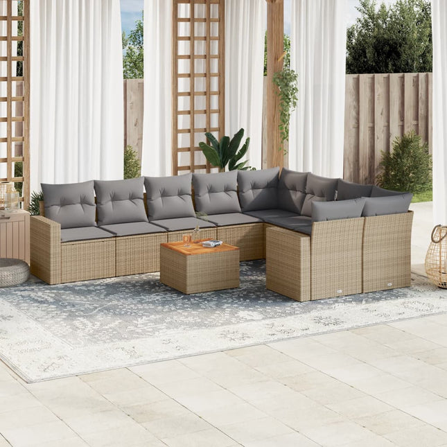 10-Delige Loungeset Met Kussens Poly Rattan Gemengd Beige