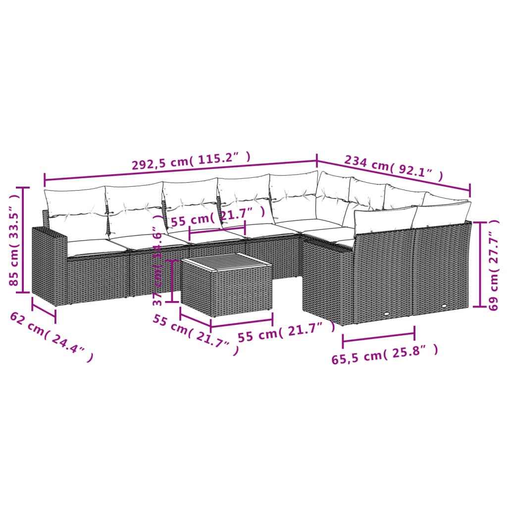 10-Delige Loungeset Met Kussens Poly Rattan Grijs