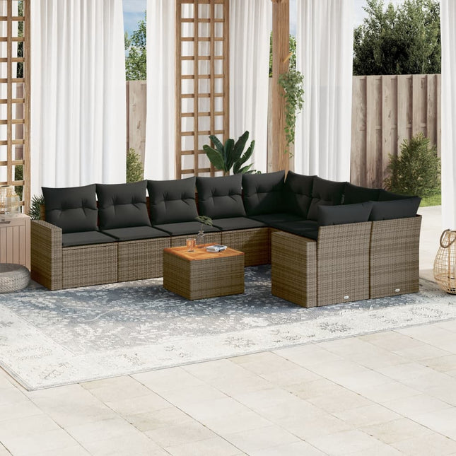 10-Delige Loungeset Met Kussens Poly Rattan Grijs