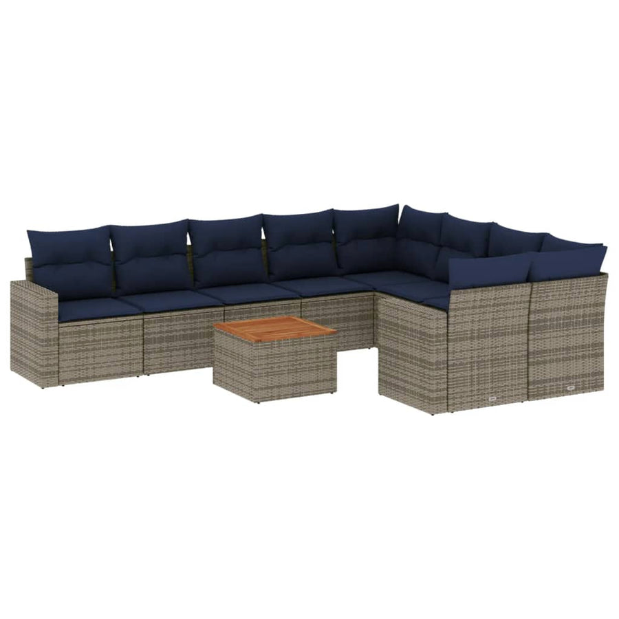 10-delige Loungeset met kussens poly rattan grijs