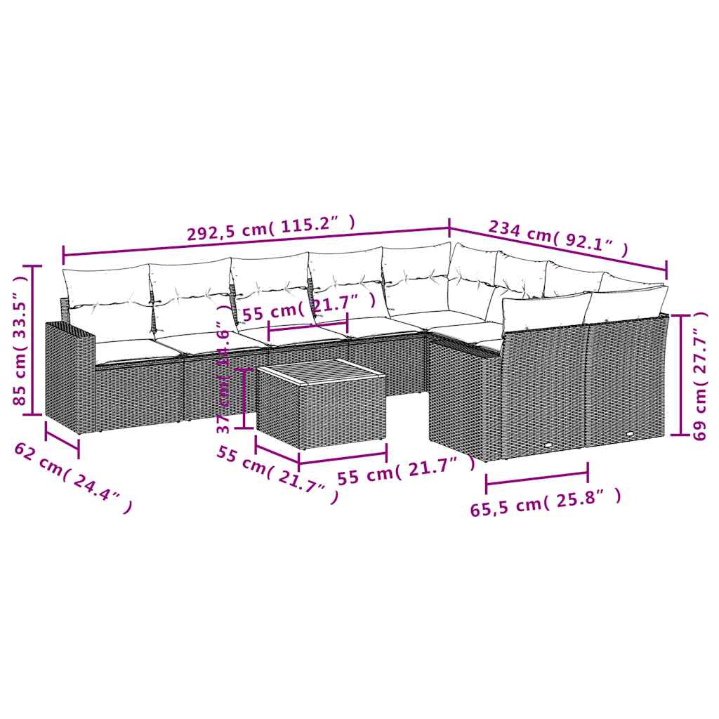 10-delige Loungeset met kussens poly rattan grijs