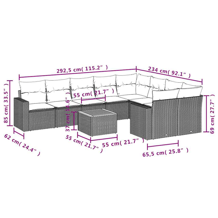 10-delige Loungeset met kussens poly rattan grijs