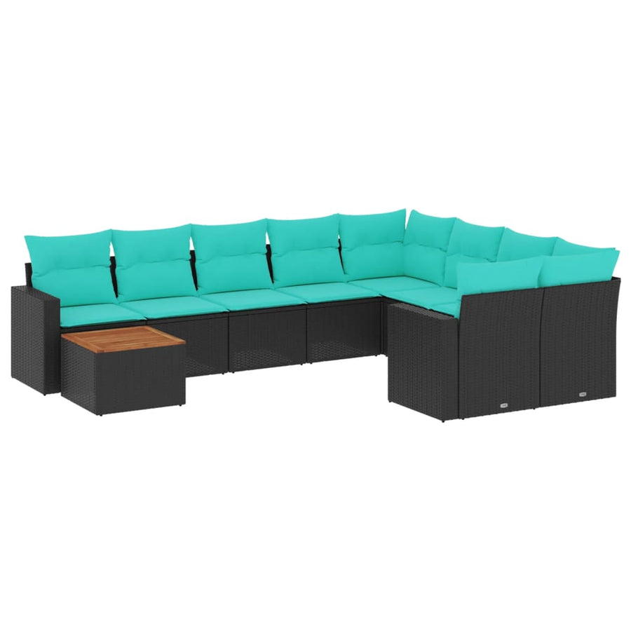 10-delige Loungeset met kussens poly rattan zwart