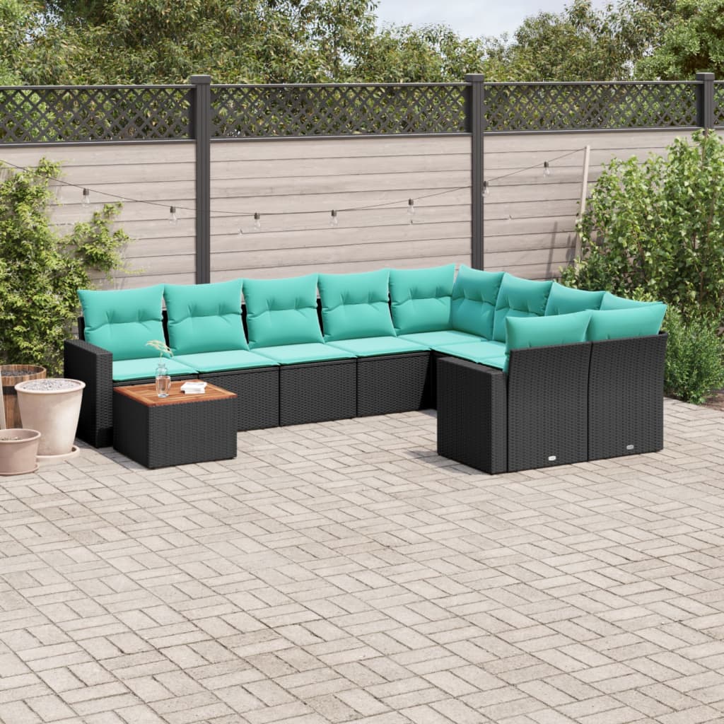10-delige Loungeset met kussens poly rattan zwart