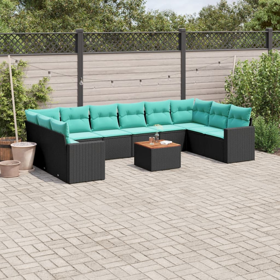 11-delige Loungeset met kussens poly rattan zwart