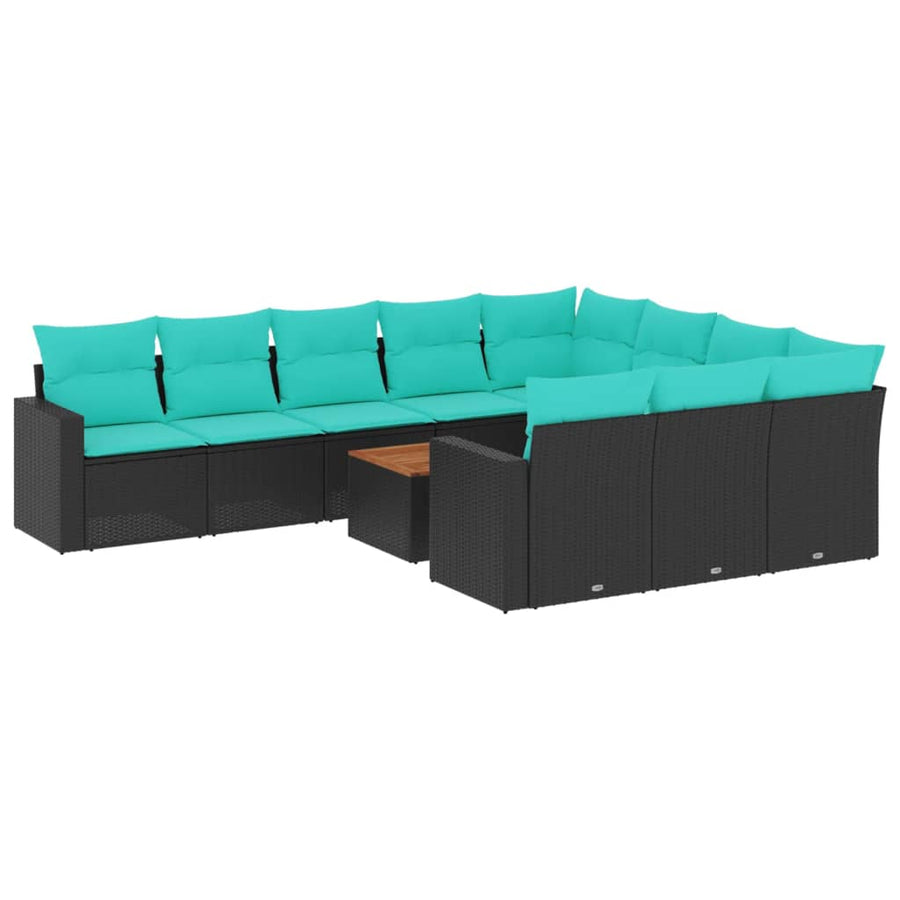 11-delige Loungeset met kussens poly rattan zwart