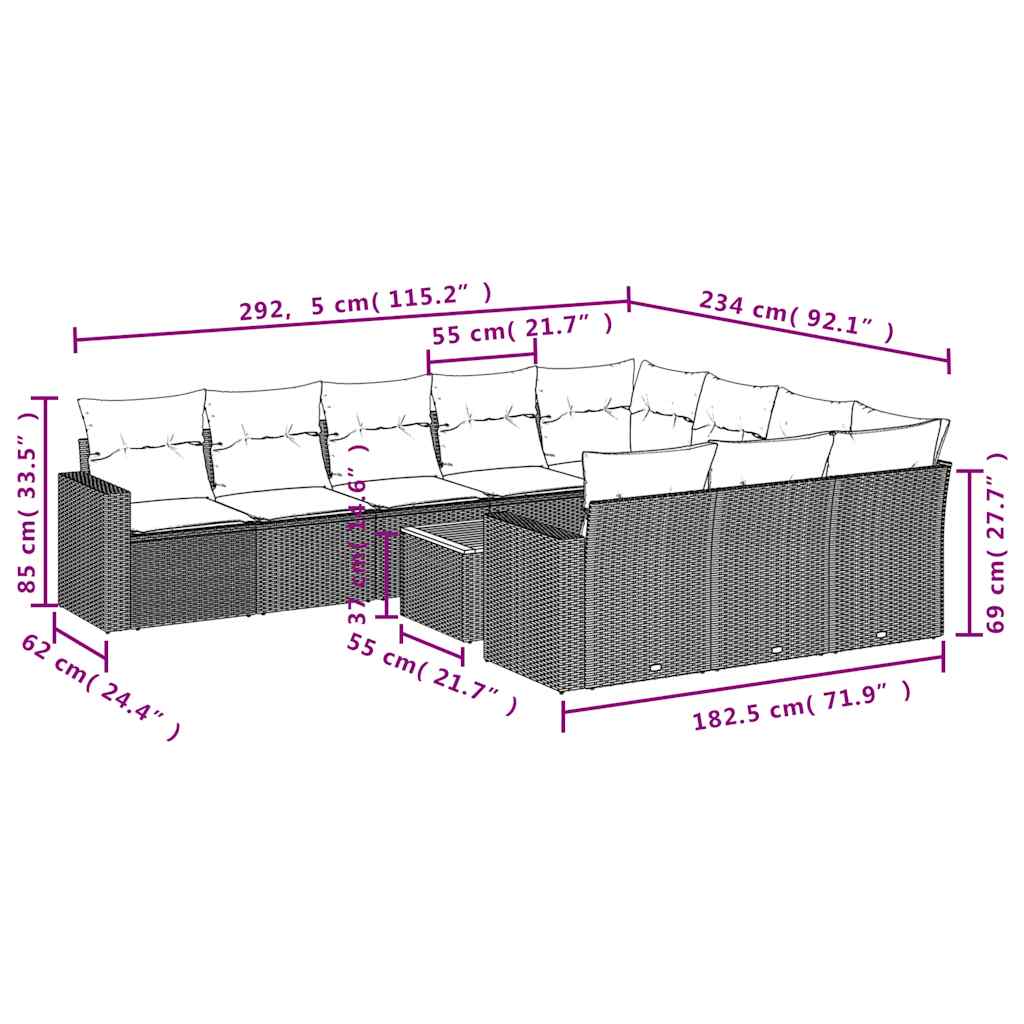 11-delige Loungeset met kussens poly rattan zwart