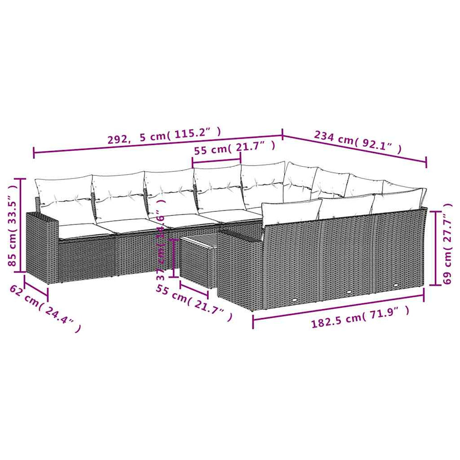 11-delige Loungeset met kussens poly rattan zwart