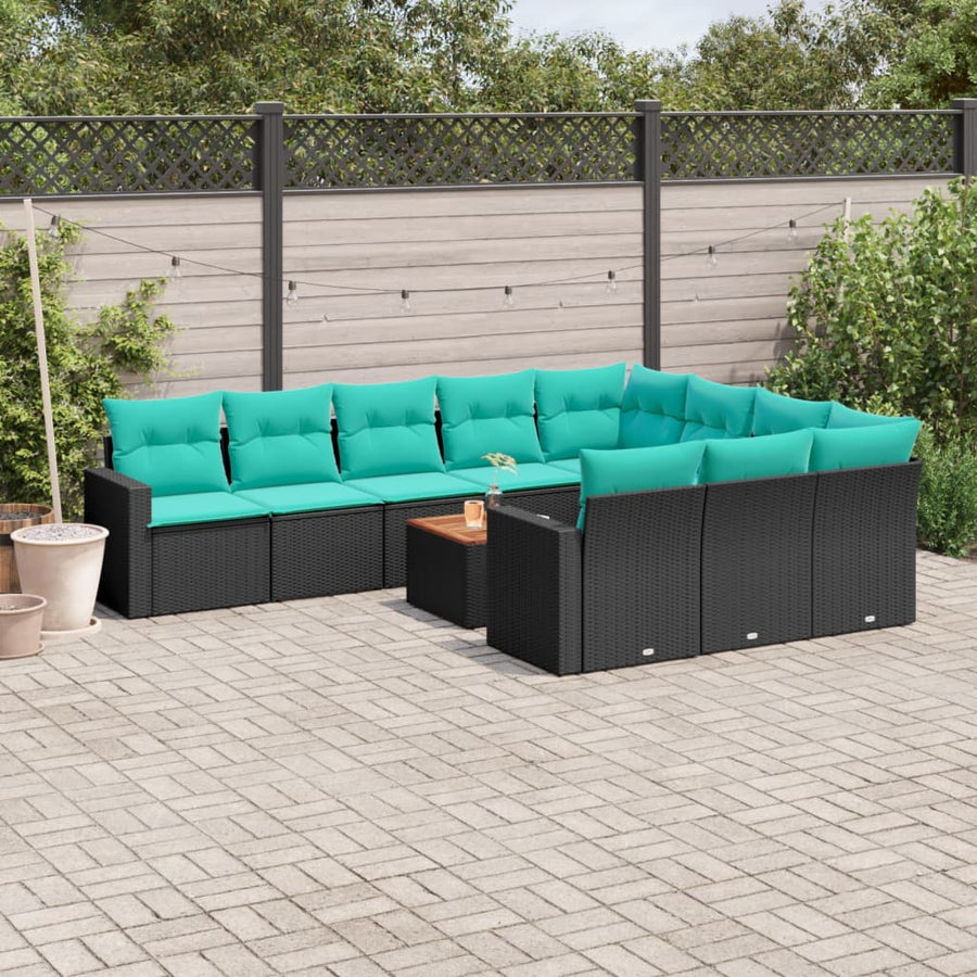 11-delige Loungeset met kussens poly rattan zwart