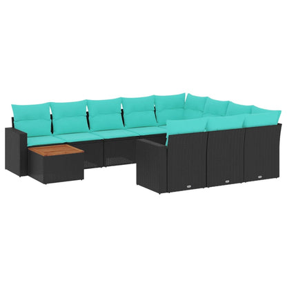 11-delige Loungeset met kussens poly rattan zwart