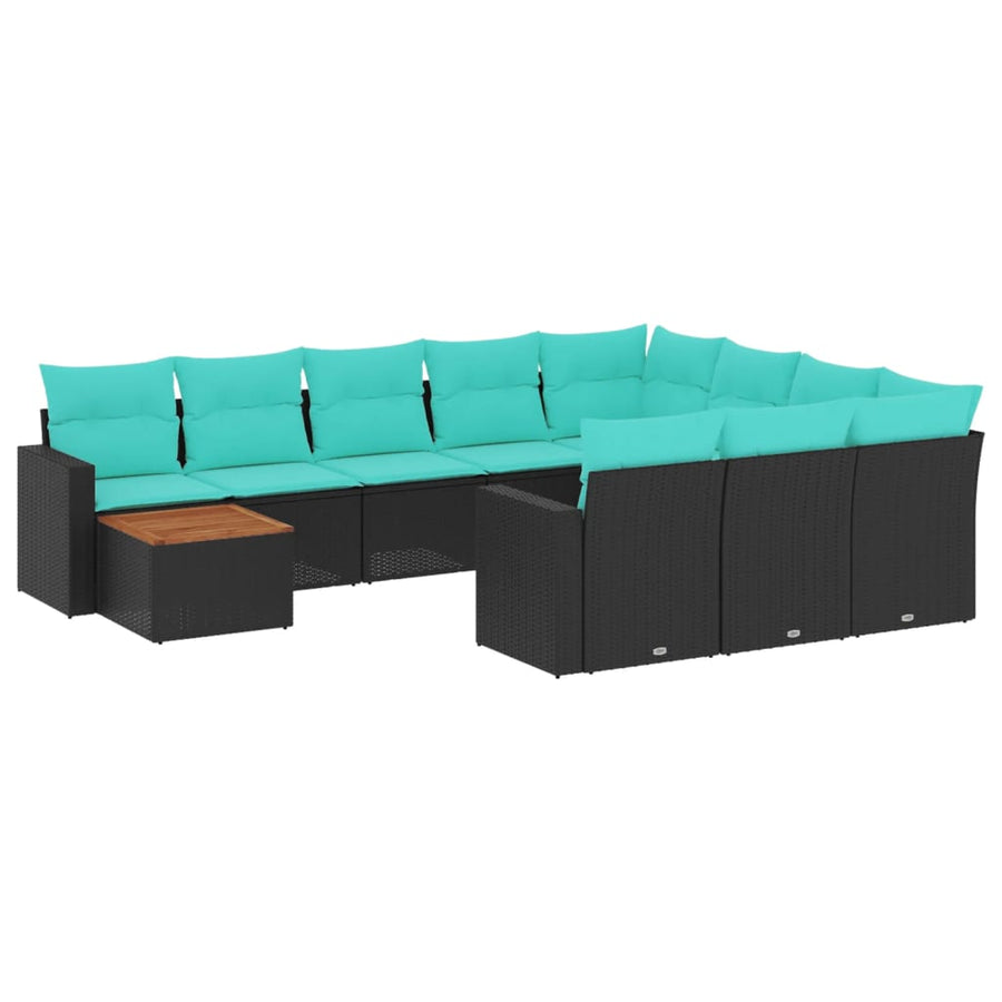 11-delige Loungeset met kussens poly rattan zwart
