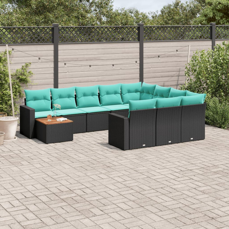 11-delige Loungeset met kussens poly rattan zwart