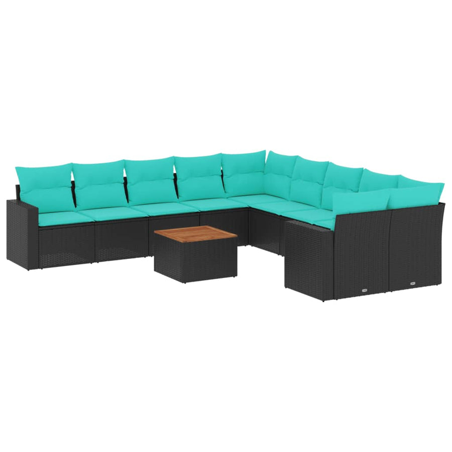 11-delige Loungeset met kussens poly rattan zwart