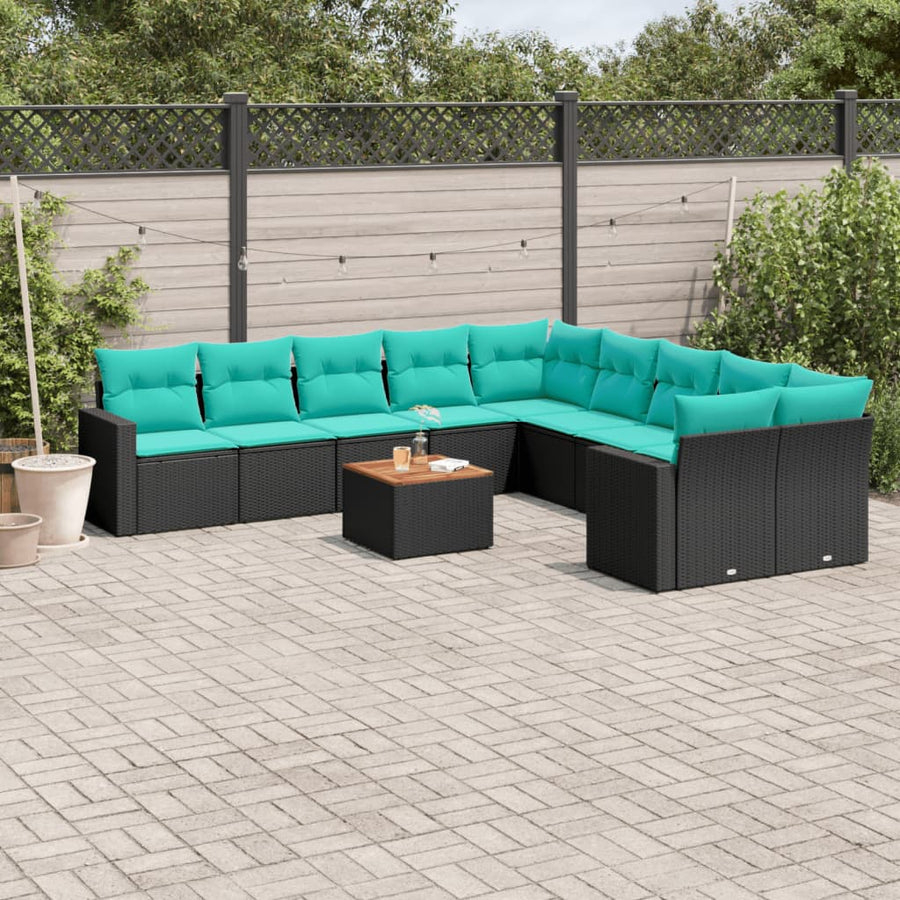11-delige Loungeset met kussens poly rattan zwart