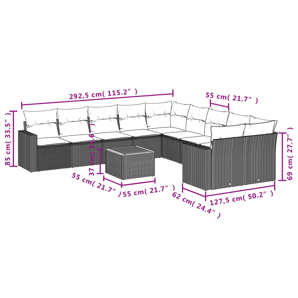 11-Delige Loungeset Met Kussens Poly Rattan Gemengd Beige