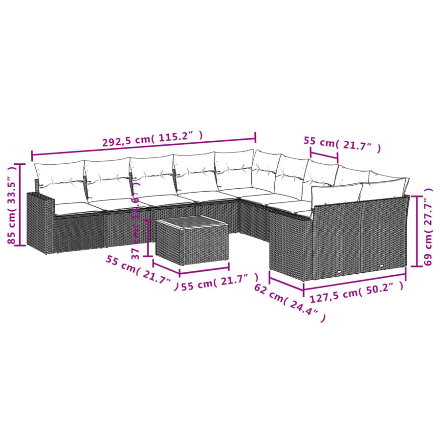 11-Delige Loungeset Met Kussens Poly Rattan Gemengd Beige