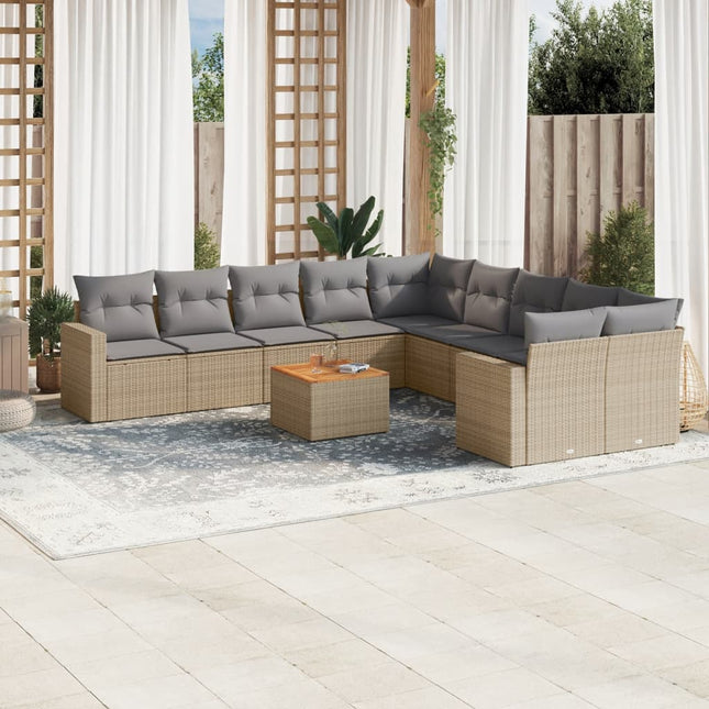 11-Delige Loungeset Met Kussens Poly Rattan Gemengd Beige