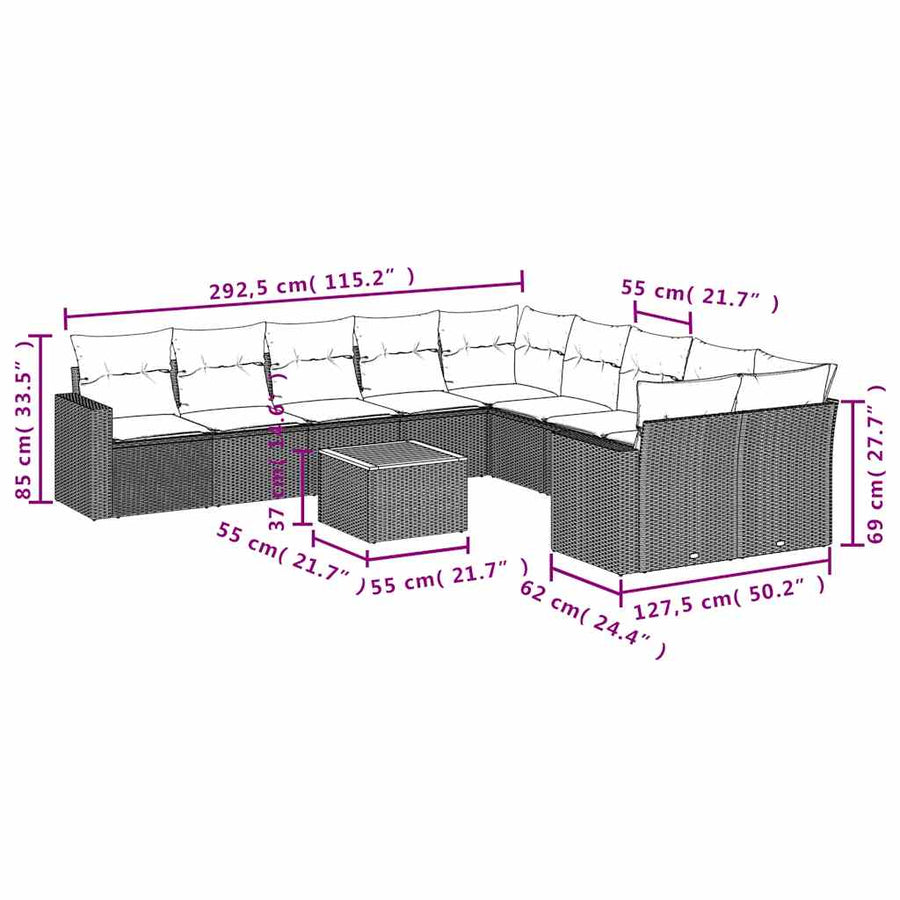 11-delige Loungeset met kussens poly rattan grijs
