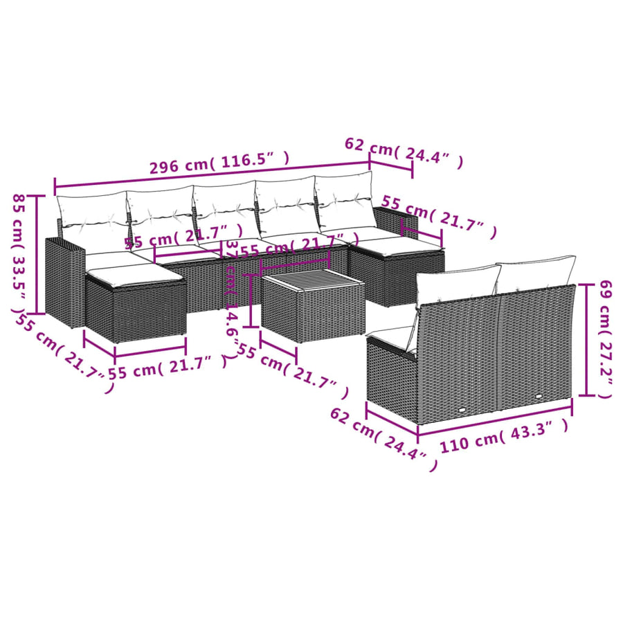 10-Delige Loungeset Met Kussens Poly Rattan Grijs
