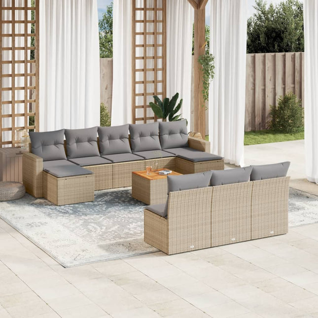 11-Delige Loungeset Met Kussens Poly Rattan Gemengd Beige