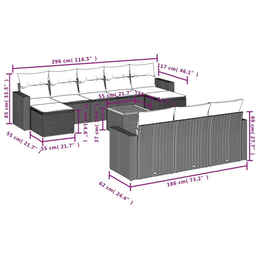 11-Delige Tuinset Met Kussens Poly Rattan Beige