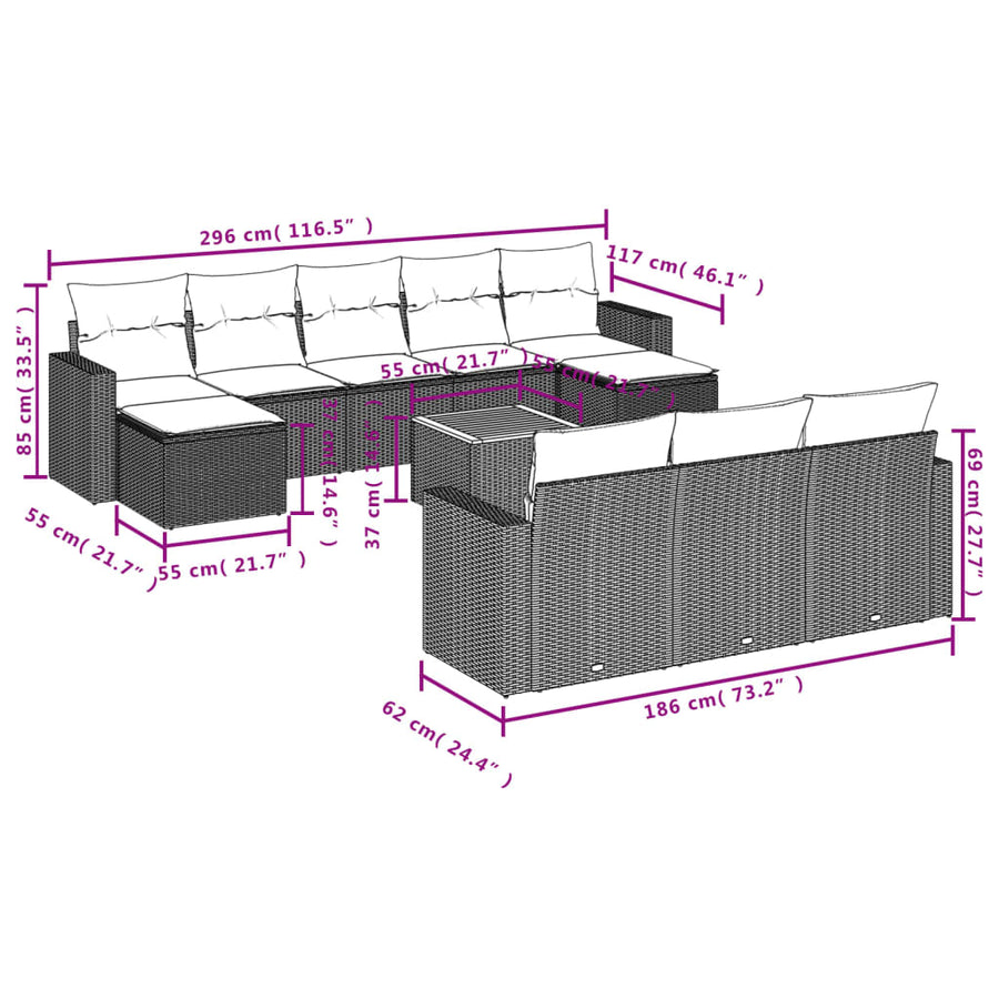 11-Delige Loungeset Met Kussens Poly Rattan Grijs
