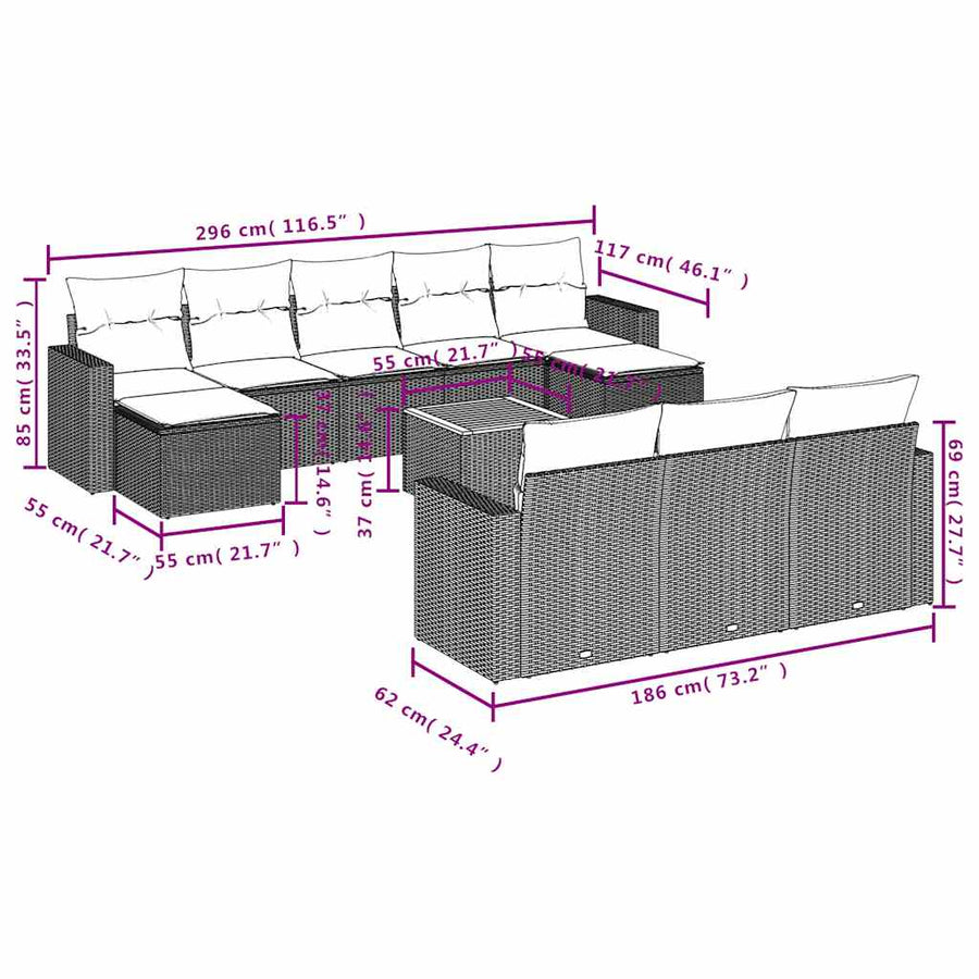 11-delige tuinbankset met kussens, grijs polyrotan