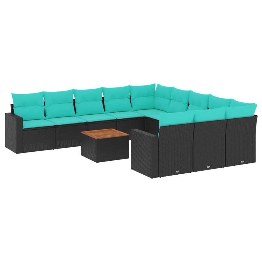 12-delige Loungeset met kussens poly rattan zwart