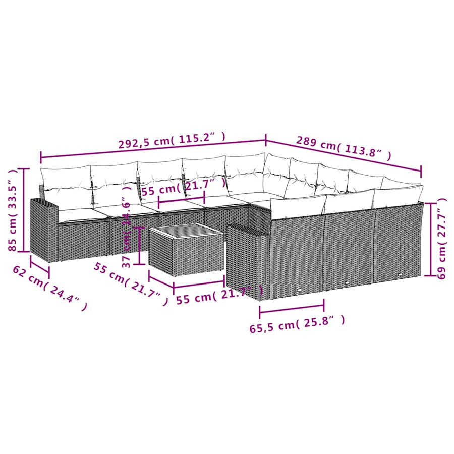 12-delige Loungeset met kussens poly rattan zwart