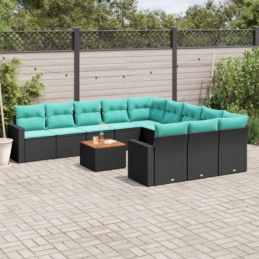 12-delige Loungeset met kussens poly rattan zwart