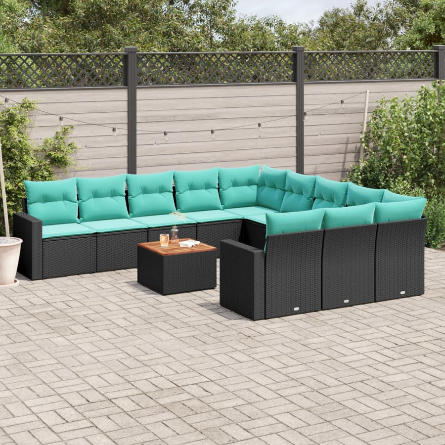 12-delige Loungeset met kussens poly rattan zwart
