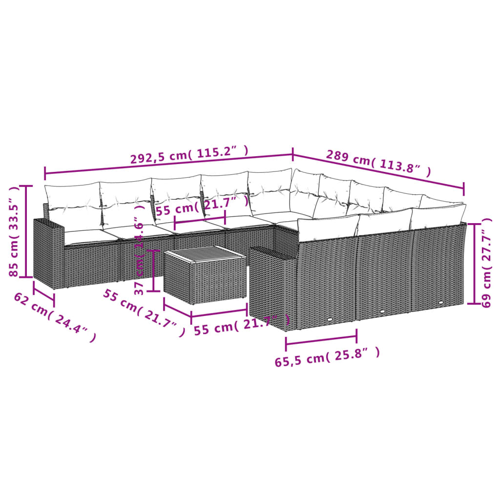 12-Delige Loungeset Met Kussens Poly Rattan Gemengd Beige