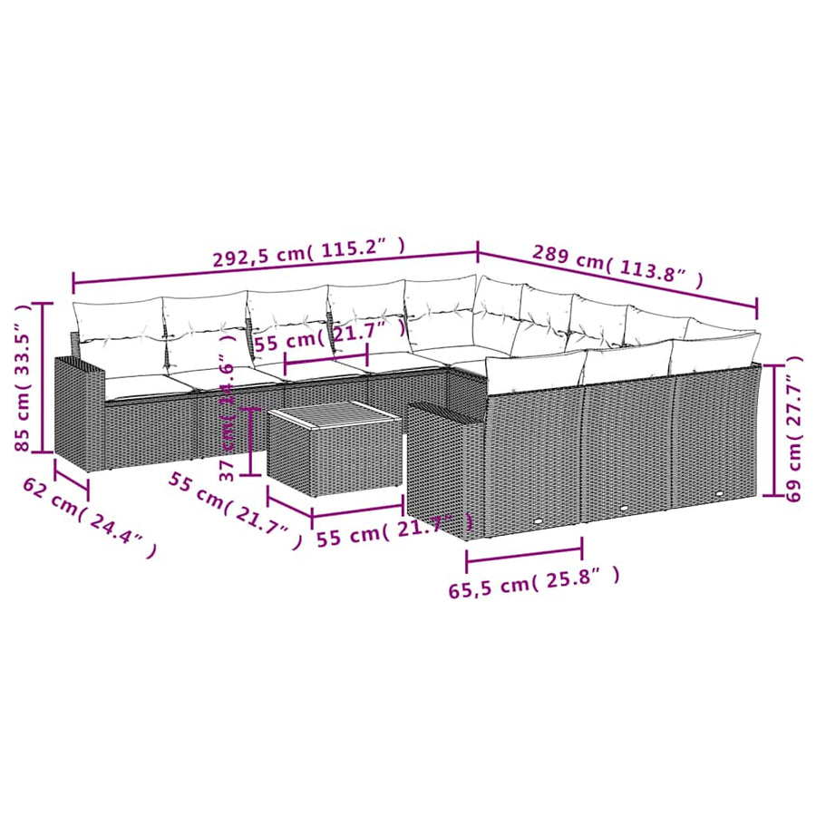 12-delige Loungeset met kussens poly rattan grijs