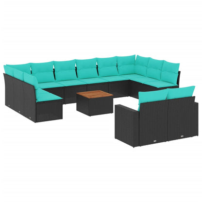 13-delige Loungeset met kussens poly rattan zwart