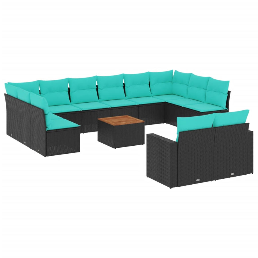 13-delige Loungeset met kussens poly rattan zwart