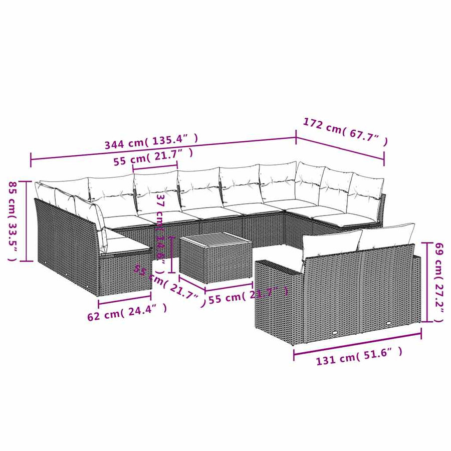13-delige Loungeset met kussens poly rattan zwart