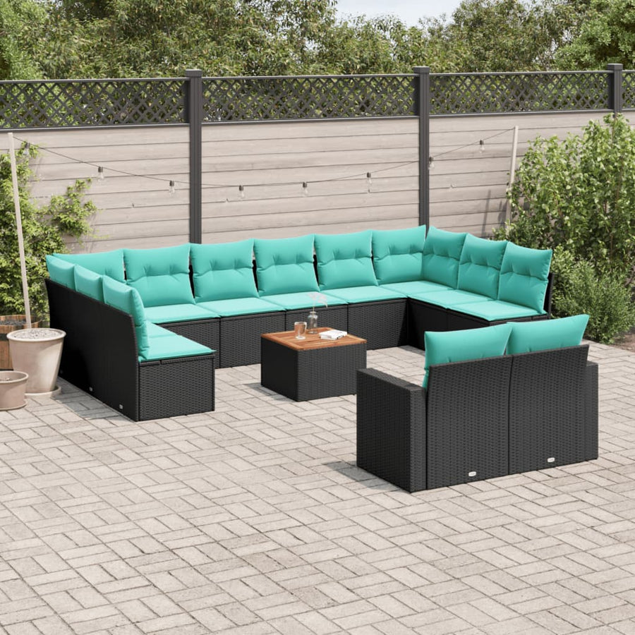 13-delige Loungeset met kussens poly rattan zwart
