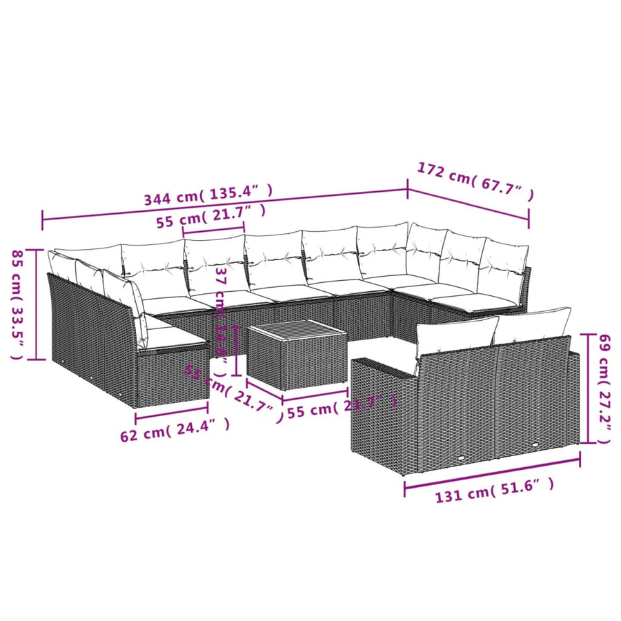13-Delige Loungeset Met Kussens Poly Rattan Gemengd Beige