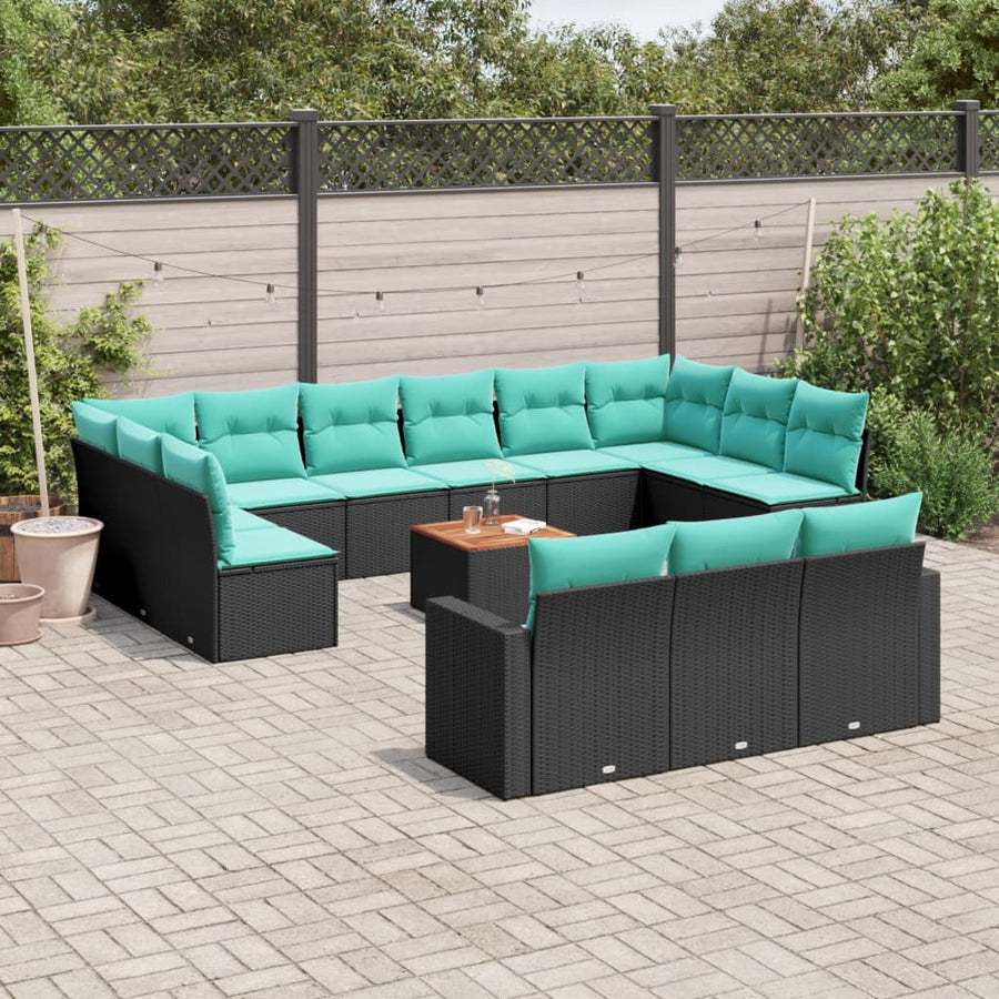 14-delige Loungeset met kussens poly rattan zwart