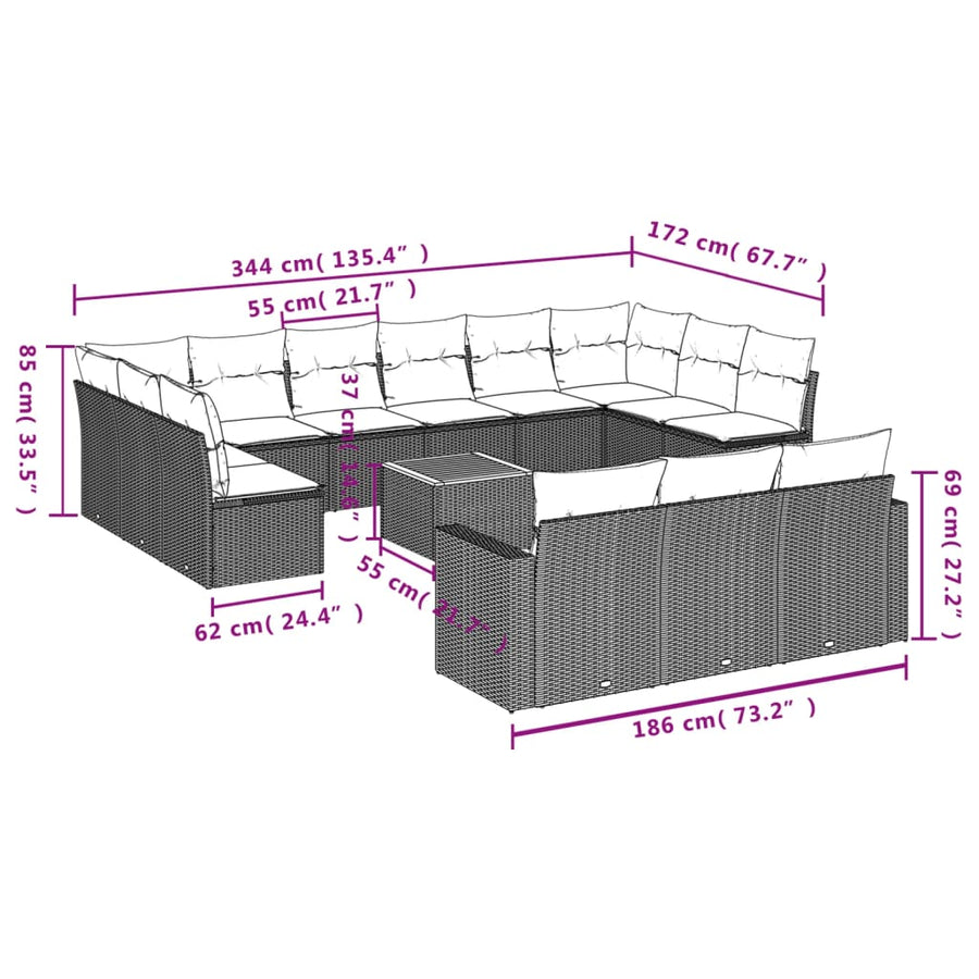 14-Delige Loungeset Met Kussens Poly Rattan Gemengd Beige