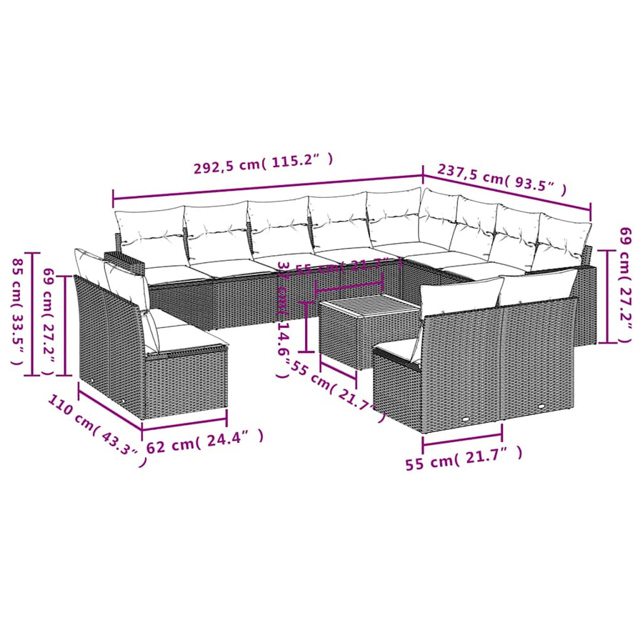 13-delige Loungeset met kussens poly rattan zwart