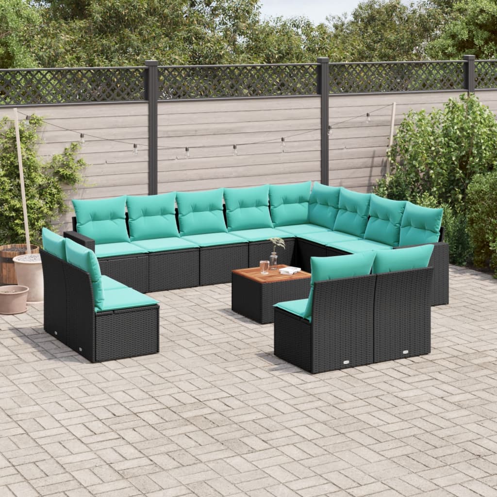 13-delige Loungeset met kussens poly rattan zwart