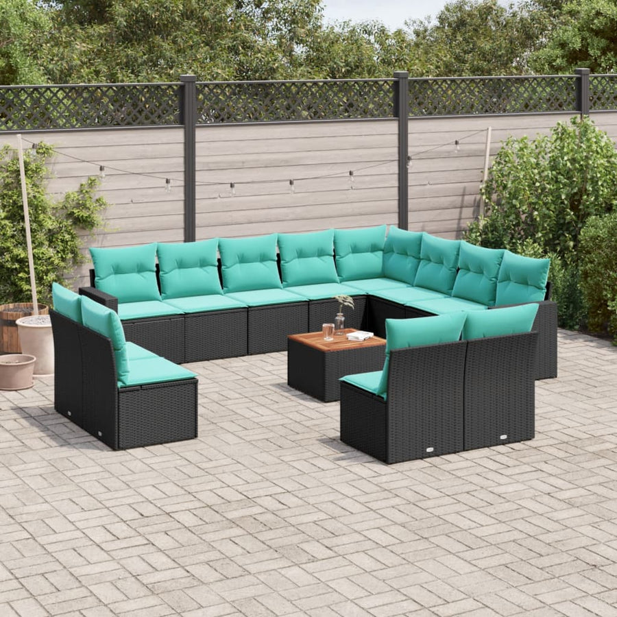 13-delige Loungeset met kussens poly rattan zwart